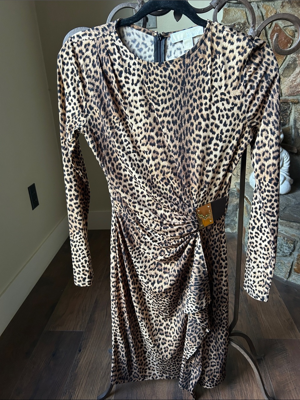 Michael Kors: Leopard Print Long Sleeve Ruched Dress